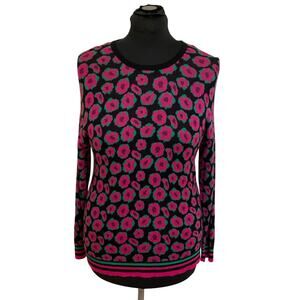 ONE A Floral Knit Sweater Size M Pink Green Black Long Sleeve Retro Mod Style